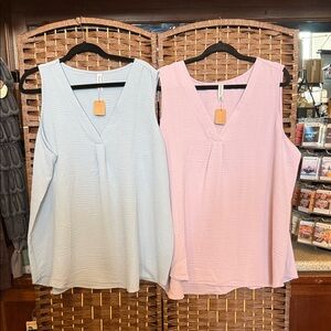 Zenana Outfitters V-Neck Sleeveless Blouses - Light Blue and Pink